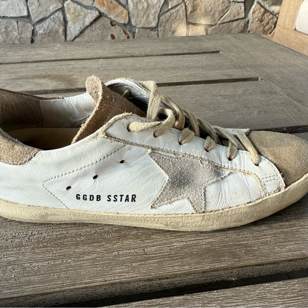 Golden Goose Superstar Low Top Cream and Tan Star Sneakers